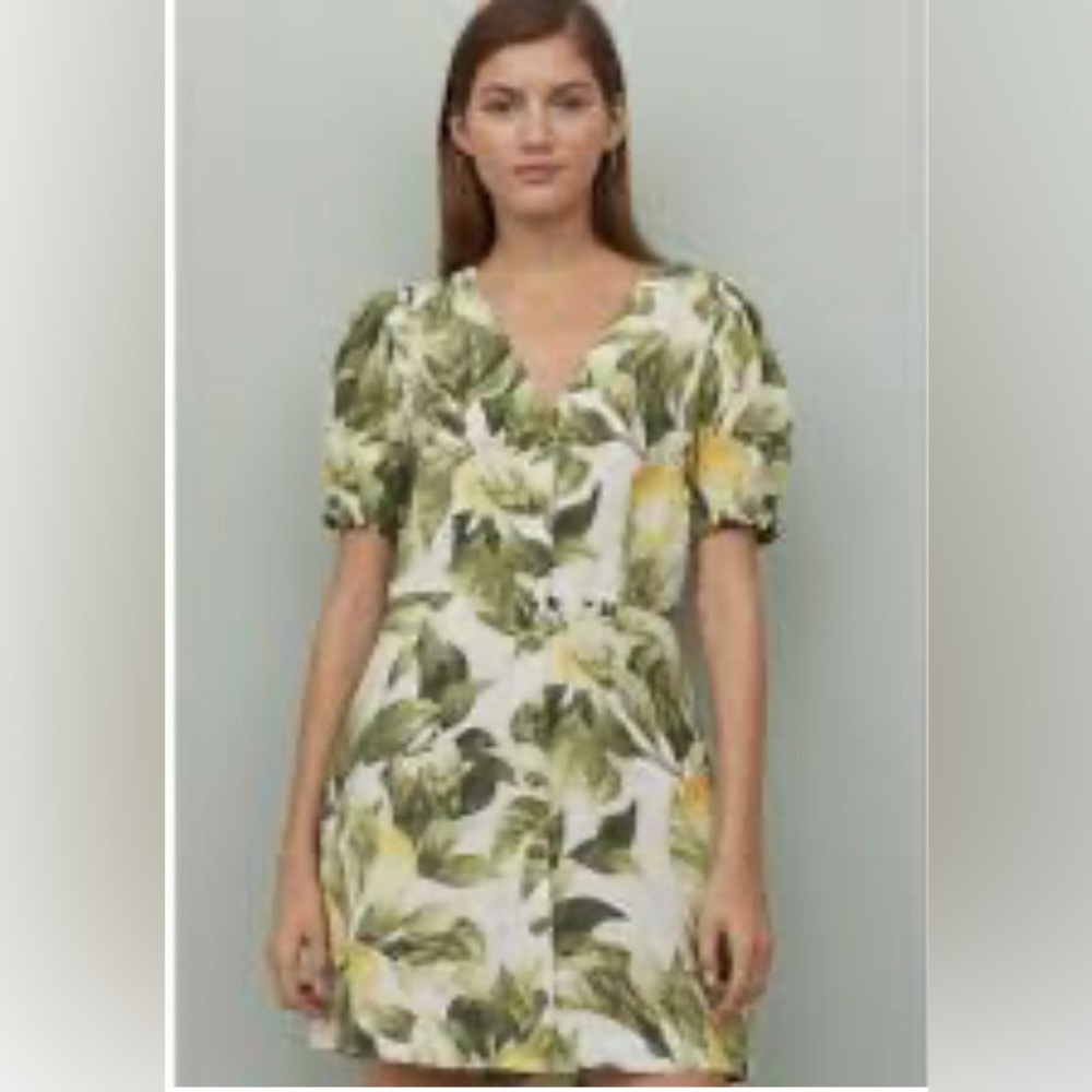 H&M Linen Lemon & Leaf Mini Dress M